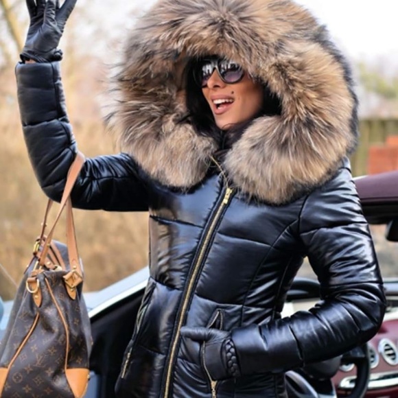 women puffer winter coat vegan leather fur hood trim jacket black